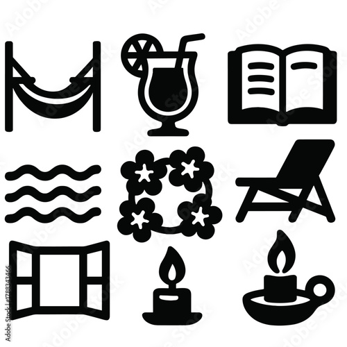 Tropical Relaxation Icons. Relaxation Getaway silhouette icon set: hammock, tropical drink, book, beach chair, calm sea, flower garland, open window, candlelight.