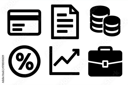 Brutalist Financial Icons. Credit interest silhouette icon set: credit card, document, coins, percentage circle, chart line, briefcase.