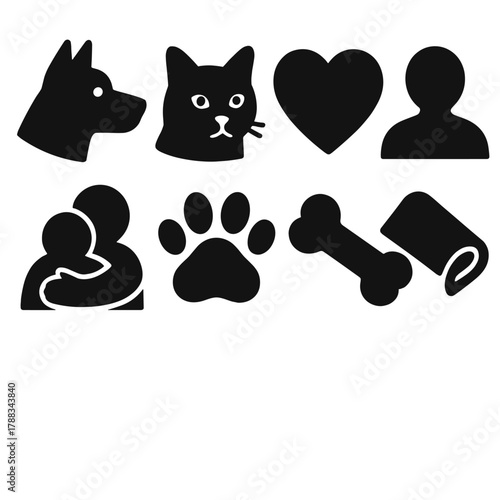 Companion Bond Icons. Companion Bond Icons silhouette icon set: dog, cat, heart, human silhouette, paw print, hug, toy, blanket.