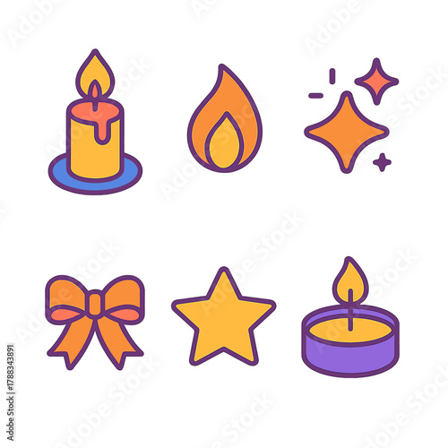 Candle Icon Set. Candle Shine modern flat icons set: Candle, Flame, Sparkle, Ribbon, Star, Tealight.