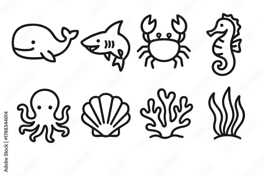 Fototapeta premium Outlined Marine Icons. Marine Life Set linear icon set: whale, shark, crab, seahorse, octopus, shell, coral, seaweed.
