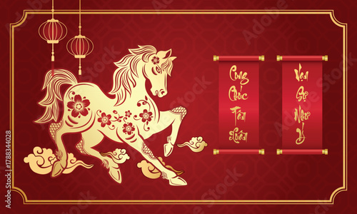 Vietnamese Horse Hold Couplets to Wish Tet holiday 2026. Year of the horse (Translation: Happy new year)	