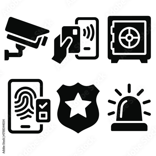 Bold Security Icons. Physical Security silhouette icon set: CCTV camera, keycard access, safe box, biometric door, security guard badge, alarm siren.