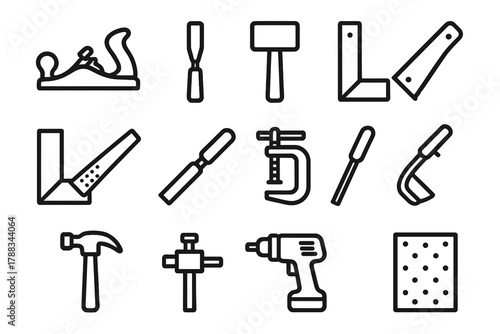 Woodworking Tools Outline. Woodworking Tools linear icon set: hand plane, chisel, mallet, saw, square, rasp, clamp, file, hammer, marking gauge, drill, sandpaper. , .