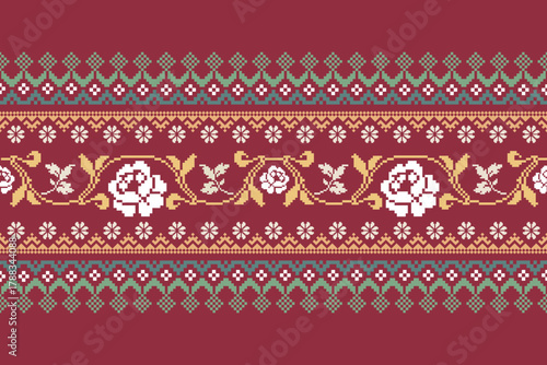 Pixel ethnic pattern border. Cross stitch embroidery pattern. Abstract background, Design for fabric, curtain, carpet ,scarf, rug. pixel textile fabric illustration vector. Knitted