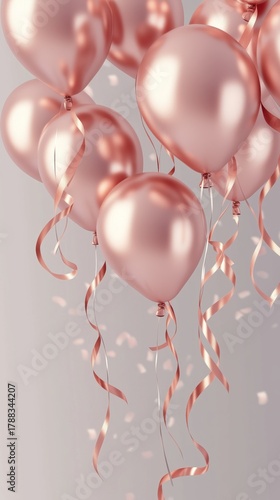 Celebration With Rose Gold Balloons and Ribbons Floating Against a Soft Backg...