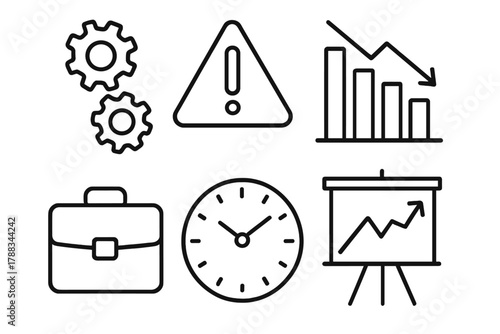 Business Disruption Icons. Business disruption linear icon set: gears, warning triangle, bar graph, briefcase, clock, chart board.