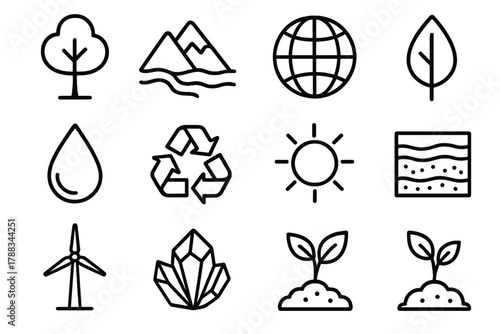 Environmental Icons Set. Environmental Natural Resources linear icon set: tree, mountain, river, globe, leaf, water droplet, recycling symbol, sun, soil layers, wind turbine,