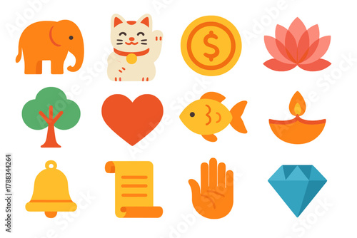 Fortune Symbols Icons. Cultural Fortune Symbols flat icons: elephant, waving cat, gold coin, lotus, tree, heart, fish, lamp, bell, scroll, hand symbol, gem.