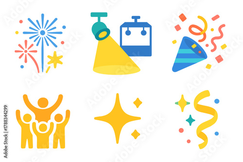 Festival Icons Collection. Festival Spectacle Symbols flat icons: fireworks display, glowing beam, concert stage, confetti swirl, spotlight flare, crowd silhouettes, sparkle,