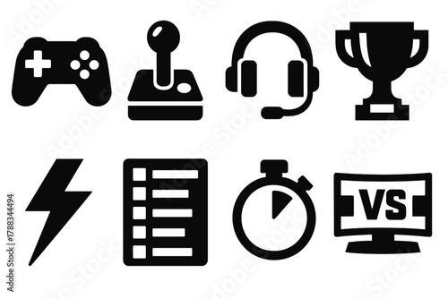 Gaming Icon Set. Gaming Competition silhouette icon set: game controller, joystick, headset, trophy cup, lightning bolt, leaderboard, timer, arena screen.