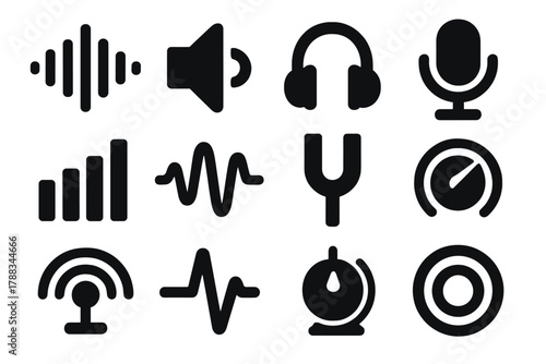 Audio Frequency Icons. Audio Frequency silhouette icon set: sound wave, speaker, headphone, microphone, equalizer bars, waveform, tuning fork, volume knob, decibel meter, radio