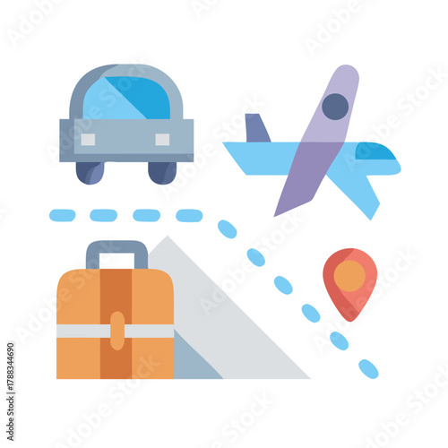 Travel flat design icon depicting car airplane suitcase