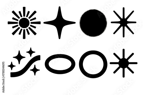 Radiant Brutalist Icons. Pure Radiance Icons silhouette icon set: radiant beam, glowing star, soft halo, light burst, shimmer glow, sparkle wave, neon ring, sun flare