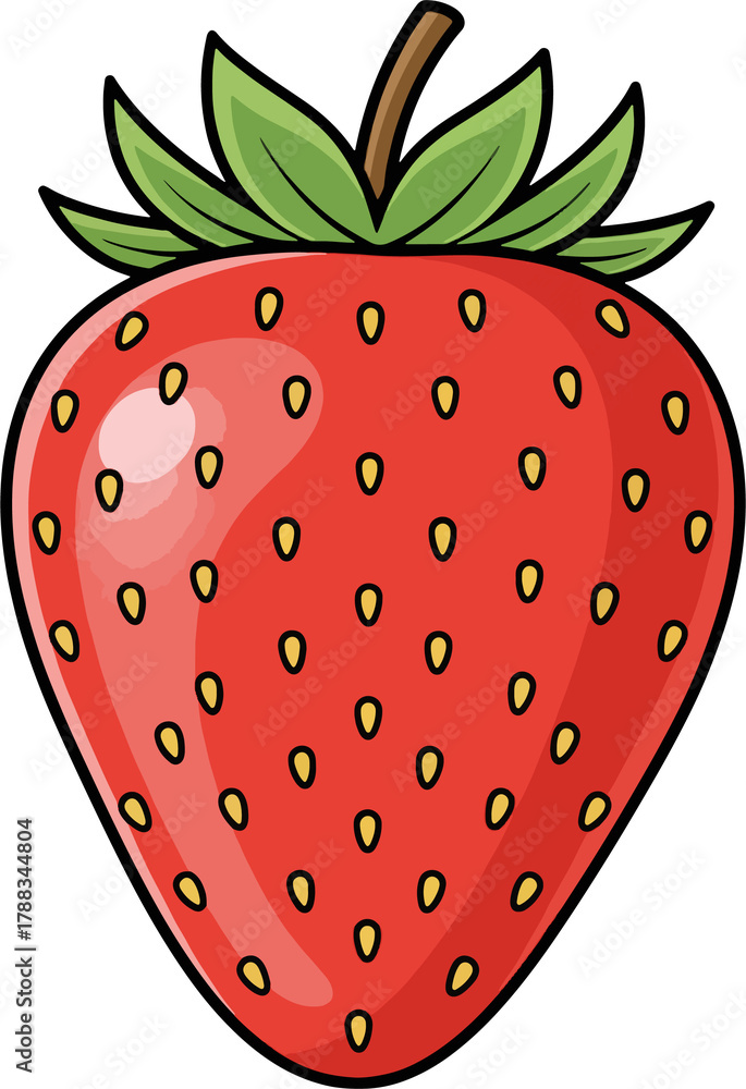Obraz premium Simple Vector Illustration of Strawberry with Green Leaves and Scattered Yellow Seeds