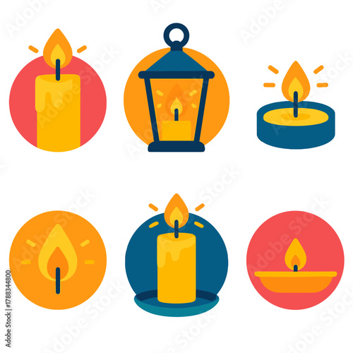 Modern Candle Icons. Candle Radiance flat icons: Candle, Flame, Lantern, Tealight, Glow, Tray.