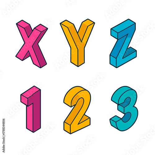 Isometric Typography Icons. Modern Typography modern flat icons set: Letter X, Letter Y, Letter Z, Number 1, Number 2, Number 3.