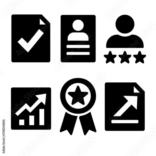 Brutalist Performance Icons. Employee Performance silhouette icon set: task completion, evaluation form, performance rating, productivity graph, success badge, improvement plan.