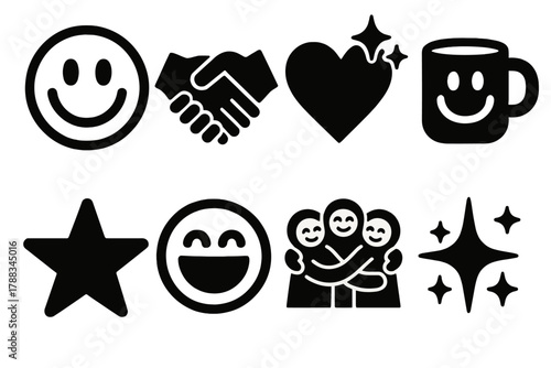 Happy Friends Icons. Happy Friends Icons silhouette icon set: smiling faces, handshake, heart sparkle, coffee mug, star, laughter, group hug, sparkle dust