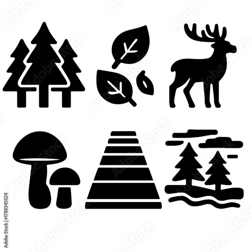 Brutalist Forest Icons. Temperate Forest silhouette icon set: pine trees, fallen leaves, deer, mushrooms, wooden path, morning mist.
