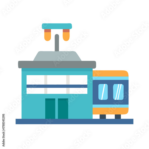 Minimalist style train station and passenger train illustration
