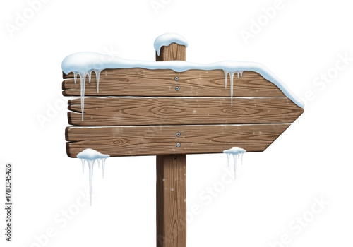 Wooden direction sign with snow and icicles isolated PNG, winter themed signpost on transparent background for seasonal design projects