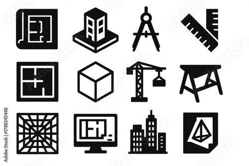 Brutalist Architectural Icons. Architectural Spatial Mapping silhouette icon set: blueprint, building model, compass tool, ruler, floor plan, 3D cube, crane, drafting table,