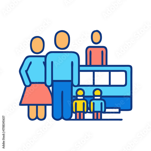 Family at a train station flat vector illustration
