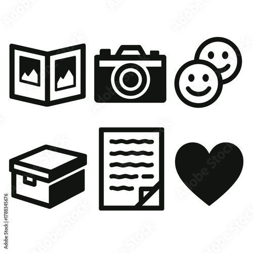 Cherished Memories Icons. Cherished Memories silhouette icon set: photo album, vintage camera, smiling faces, keepsake box, handwritten letter, heart symbol.