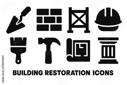Brutalist Restoration Icons. Building Restoration silhouette icon set: trowel, brick wall, scaffold, safety helmet, paintbrush, hammer, blueprint, column.