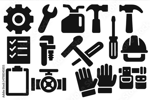 Industrial Tool Icons. Industrial Maintenance silhouette icon set: gear, wrench, oil can, hammer, checklist, pipe wrench, screwdriver, safety helmet, clipboard, valve, gloves, tool
