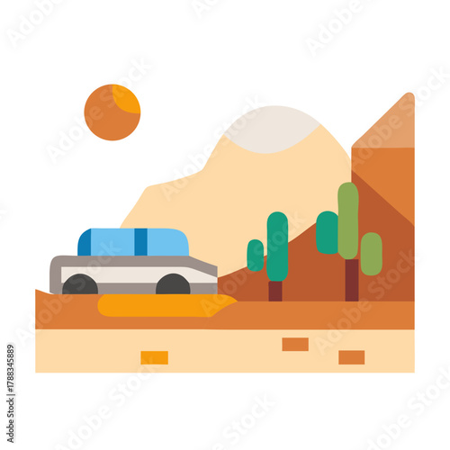 Car travels through desert landscape art minimal design