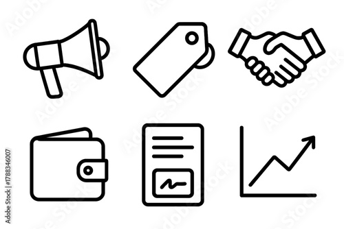Sales Icons Montage. Sales bargaining linear icon set: megaphone, price tag, handshake, wallet, document, chart line.