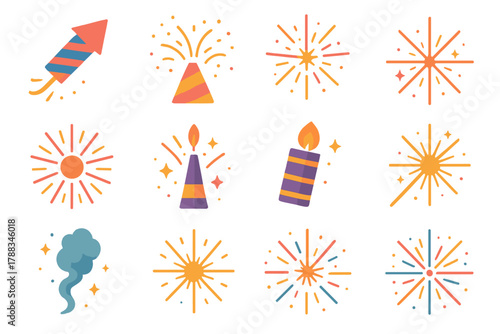 Minimalist Festival Fireworks. Festival Fireworks flat icons: rocket, fountain spark, starburst, roman candle, sparkler, smoke trail, bright explosion, spark flare, ignition stick,
