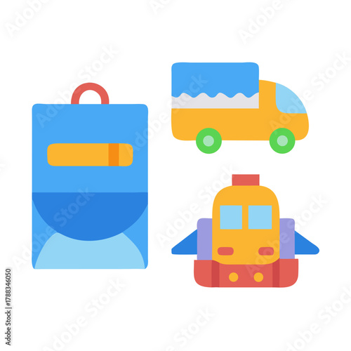 Transportation icons displaying a backpack, truck, and plane