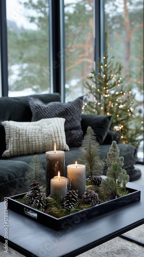 Cozy Winter Decor With Candles and Pine Accents in Modern Living Room Setting