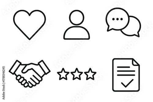 Trust Building Icons. Customer trust building linear icon set: heart, user avatar, chat bubbles, star rating, handshake, document.