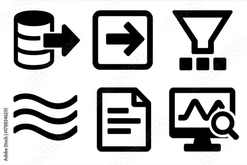 Brutalist Data Icons. Data Processing Flow silhouette icon set: input source, processing node, transformation step, data stream, output file, monitoring tool.