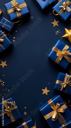 Colorful Blue Gift Boxes With Gold Ribbons and Stars Arranged on a Dark Backg...