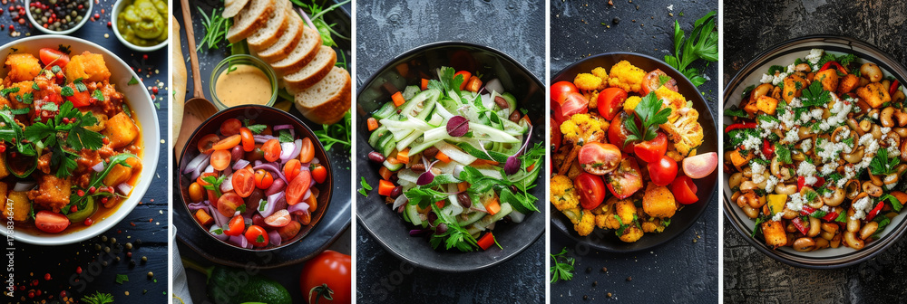 Fototapeta premium Colorful and fresh salad variety showcased on dark backgrounds during a vibrant culinary presentation