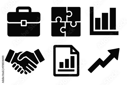 Business Synergy Icons. Business synergy silhouette icon set: briefcase, puzzle pieces, bar graph, handshake, document chart, growth arrow.