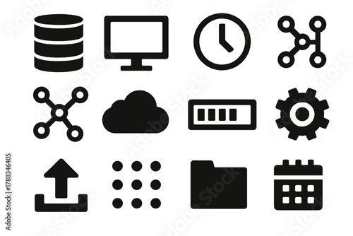 Bold Technological Icons. Digital Chronology silhouette icon set: database, screen, clock, timeline flow, graph nodes, cloud storage, progress bar, gear, calendar, upload arrow,