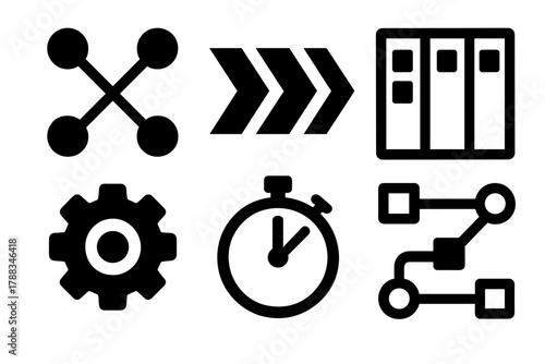 Brutalist Workflow Icons. Workflow optimization silhouette icon set: connected nodes, flow arrows, task board, cogwheel, stopwatch, path diagram.
