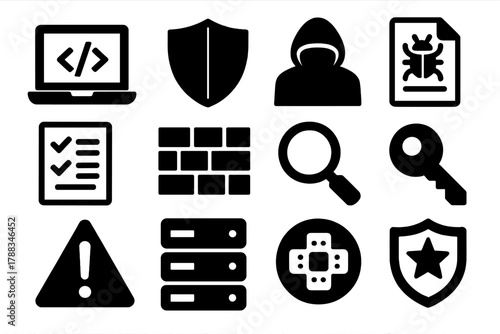 Ethical Hacking Icons. Ethical Hacking silhouette icon set: laptop with code, shield icon, hacker silhouette, vulnerability report, checklist document, firewall grid, magnifying
