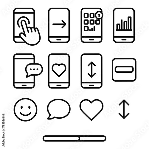 Smartphone Interaction Icons. App User Behavior linear icon set: smartphone, tap hand, swipe motion, icon grid, notification badge, analytics screen, chat bubble, heart icon,