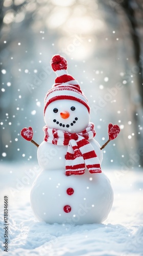 Snowman Wearing a Red and White Hat and Scarf in a Snowy Winter Landscape Dur...
