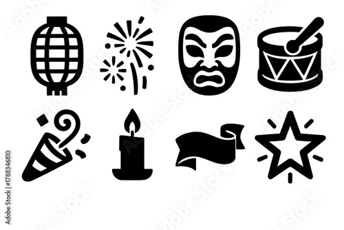 Bold Festival Icons. Cultural Festival Icons silhouette icon set: paper lantern, fireworks, mask, drum, confetti swirl, candle, ribbon, glowing star