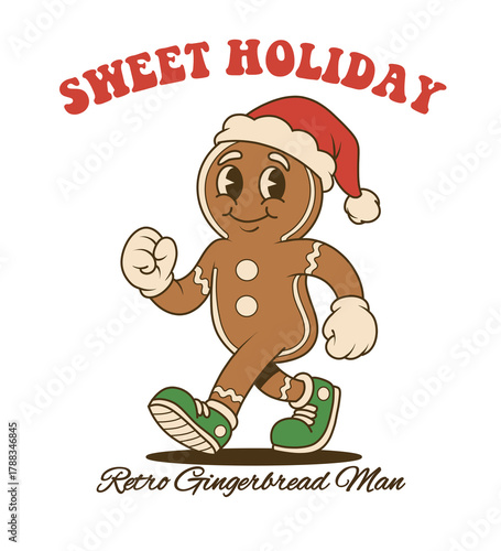 Retro Cartoon Gingerbread Man with Santa Hat
