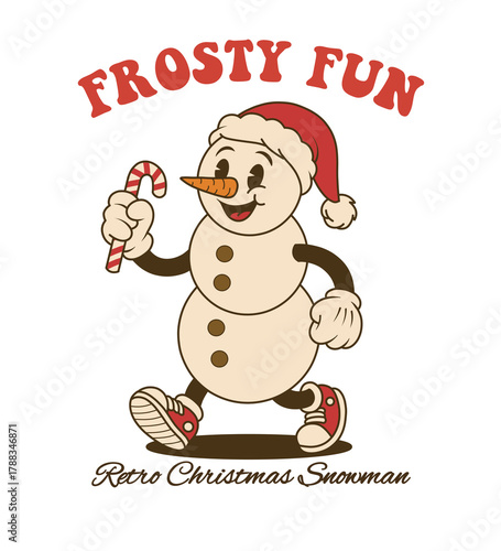 Retro Cartoon Snowman with Santa Hat and Candy Cane