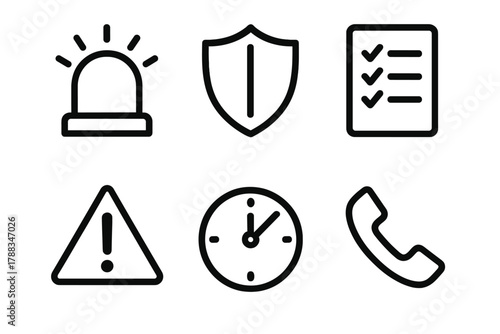 Crisis Management Icons. Emergency crisis handling linear icon set: alarm bell, shield, checklist, warning triangle, clock, phone.